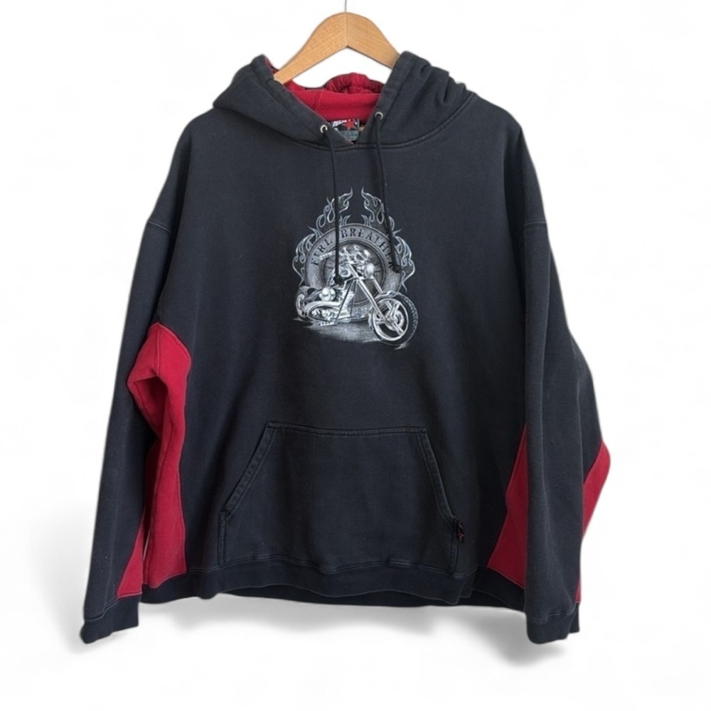 Vintage Top Heavy Clothing Fire Breaker Motorcycle Hoodie XL Black Red Graphic